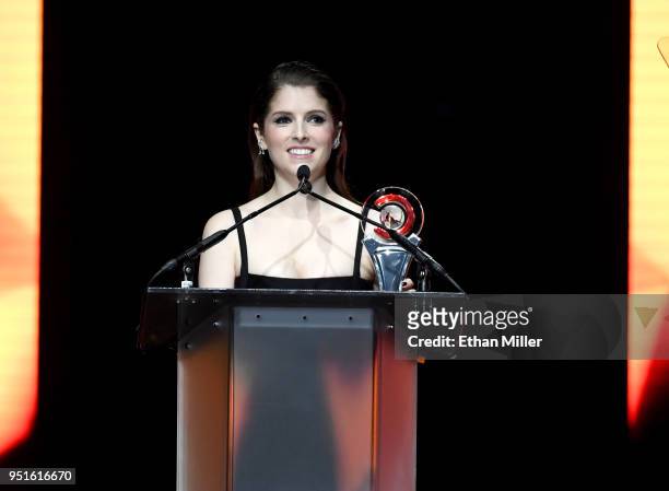 Actress Anna Kendrick accepts the Cinema Spotlight Award onstage during the CinemaCon Big Screen Achievement Awards brought to you by the Coca-Cola...