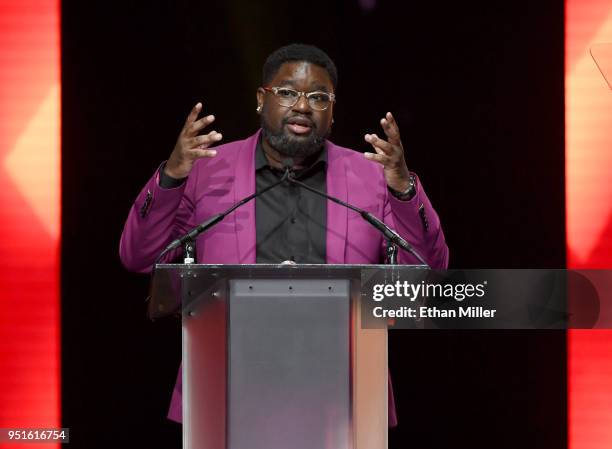 Actor/comedian Lil Rel Howery accepts the Breakthrough Performer of the Year award onstage during the CinemaCon Big Screen Achievement Awards brought...