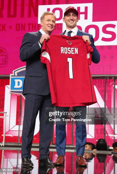 Josh Rosen of UCLA poses with NFL Commissioner Roger Goodell after being picked overall by the Arizona Cardinals during the first round of the 2018...