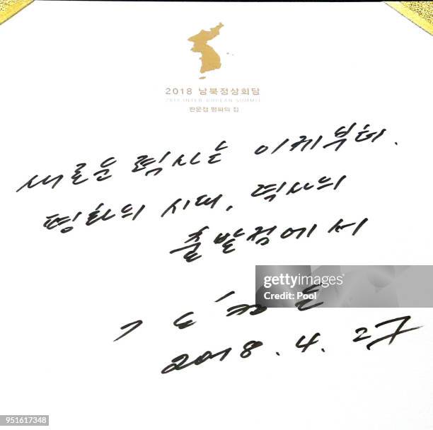 The guest book signed by North Korean leader Kim Jong Un at the Peace House for the Inter-Korean Summit on April 27, 2018 in Panmunjom, South Korea....