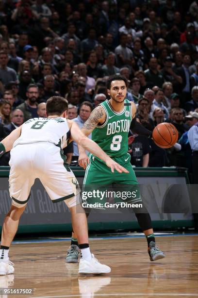 Shane Larkin of the Boston Celtics handles the ball against the Milwaukee Bucks in Game Six of the Round One of the 2018 NBA Playoffs on April 26,...