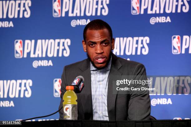 Khris Middleton of the Milwaukee Bucks talks to the media after the game against the Boston Celtics in Game Six of the Round One of the 2018 NBA...