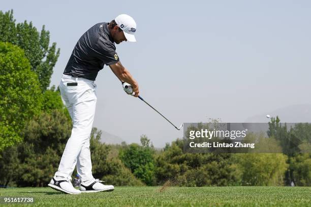Bernd Wiesberger of Austria plays a shot during the day two of the 2018 Volvo China Open at Topwin Golf and Country Club on April 27, 2018 in...