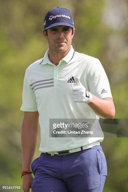 Nacho Elvira of Spain waves to the fans during the day two of the 2018 Volvo China Open at Topwin Golf and Country Club on April 27, 2018 in Beijing,...
