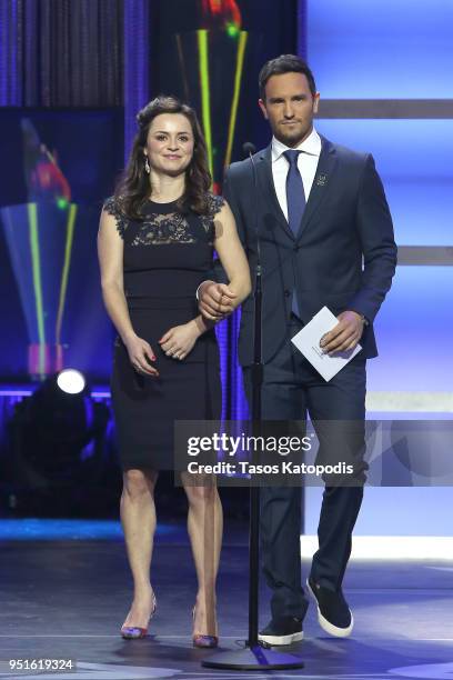 Sasha Cohen and Jeremy Bloom speak onstage during the Team USA Awards at the Duke Ellington School of the Arts on April 26, 2018 in Washington, DC.