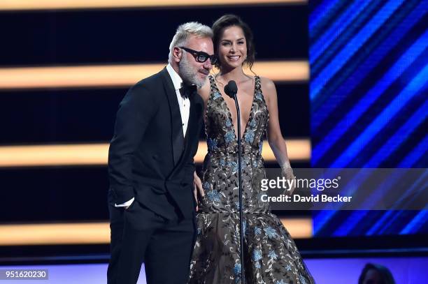 Gianluca Vacchi and Carmen Villalobos onstage at the 2018 Billboard Latin Music Awards at the Mandalay Bay Events Center on April 26, 2018 in Las...