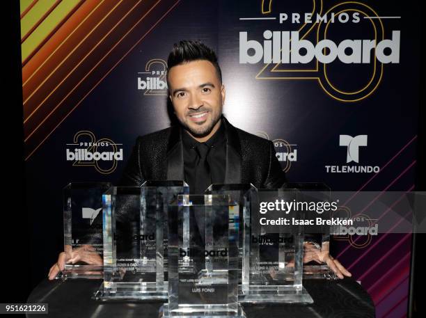 Luis Fonsi poses with his awards backstage at the 2018 Billboard Latin Music Awards at the Mandalay Bay Events Center on April 26, 2018 in Las Vegas,...
