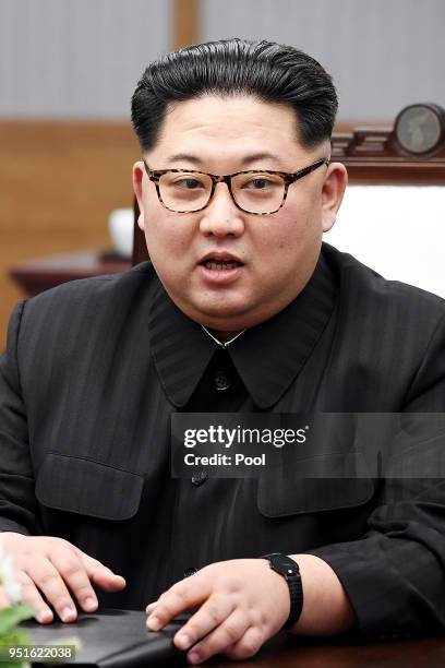 North Koraen Leader Kim Jong Un speaks during the Inter-Korean Summit at the Peace House on April 27, 2018 in Panmunjom, South Korea. Kim and Moon...