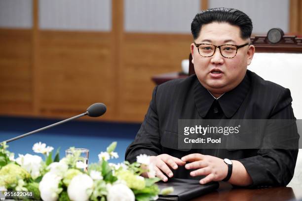 North Koraen Leader Kim Jong Un speaks during the Inter-Korean Summit at the Peace House on April 27, 2018 in Panmunjom, South Korea. Kim and Moon...