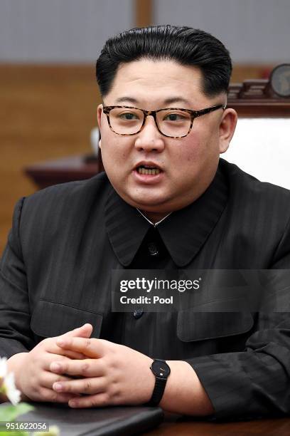 North Koraen Leader Kim Jong Un speaks during the Inter-Korean Summit at the Peace House on April 27, 2018 in Panmunjom, South Korea. Kim and Moon...