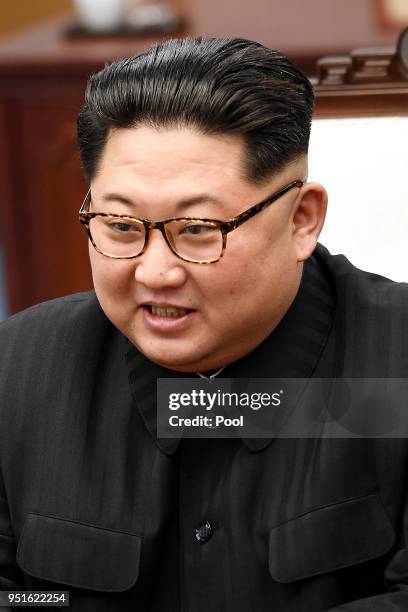 North Koraen Leader Kim Jong Un speaks during the Inter-Korean Summit at the Peace House on April 27, 2018 in Panmunjom, South Korea. Kim and Moon...