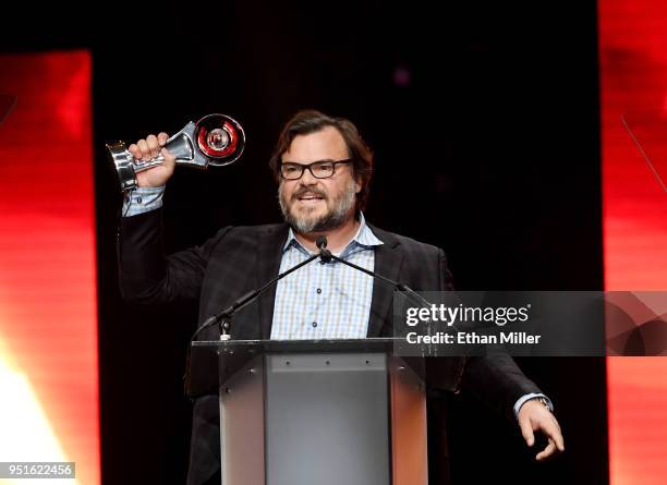 Actor Jack Black accepts the CinemaCon Visionary Award onstage during the CinemaCon Big Screen Achievement Awards brought to you by the Coca-Cola...