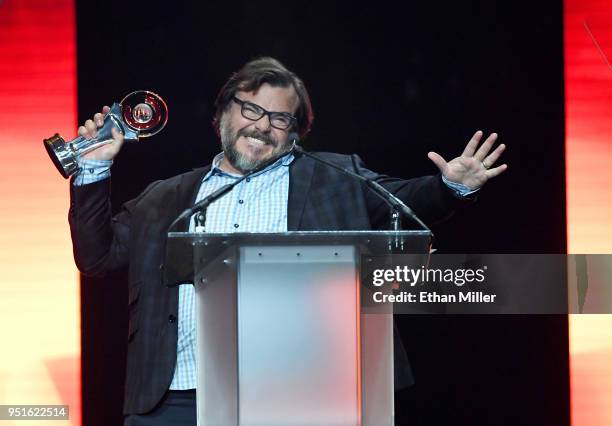 Actor Jack Black accepts the CinemaCon Visionary Award onstage during the CinemaCon Big Screen Achievement Awards brought to you by the Coca-Cola...