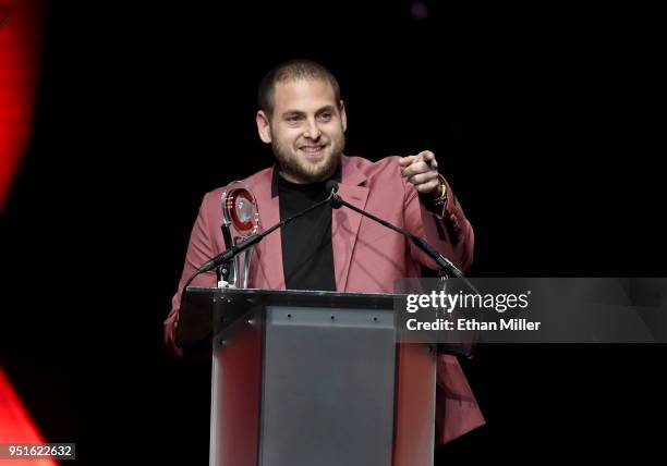 Actor Jonah Hill accepts the CinemaCon Vanguard Award onstage during the CinemaCon Big Screen Achievement Awards brought to you by the Coca-Cola...