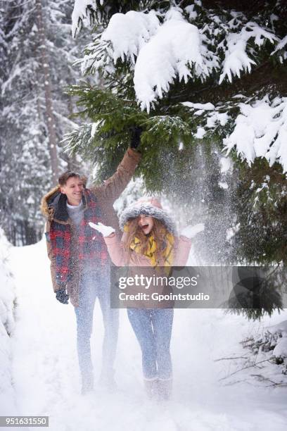 young couple playing in snow - gpointstudio imagens e fotografias de stock