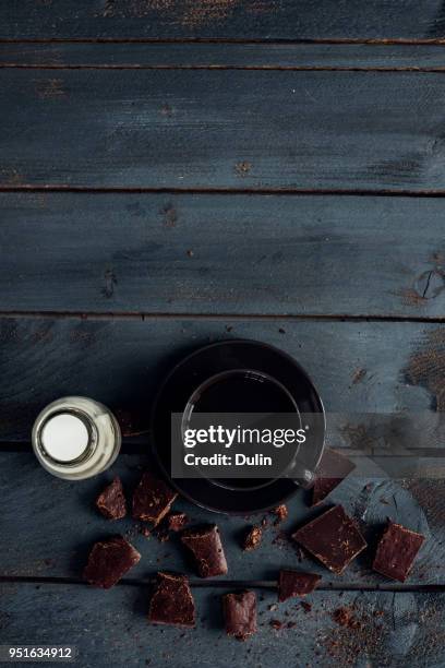 cup of coffee, milk and dark chocolate - chocolate milk bottle stock pictures, royalty-free photos & images