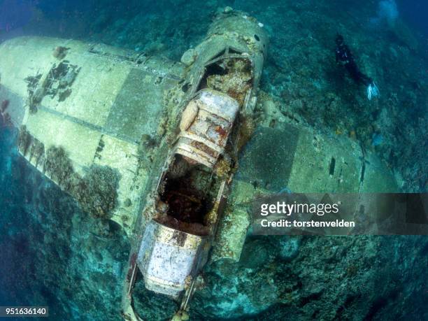 aerial view of a diver near a plane wreck, palau - air crash investigation stock pictures, royalty-free photos & images