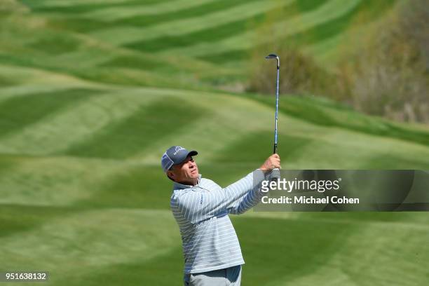 Davis Love III hits a shot during the first round of the PGA TOUR Champions Bass Pro Shops Legends of Golf held at Buffalo Ridge Golf Club on April...