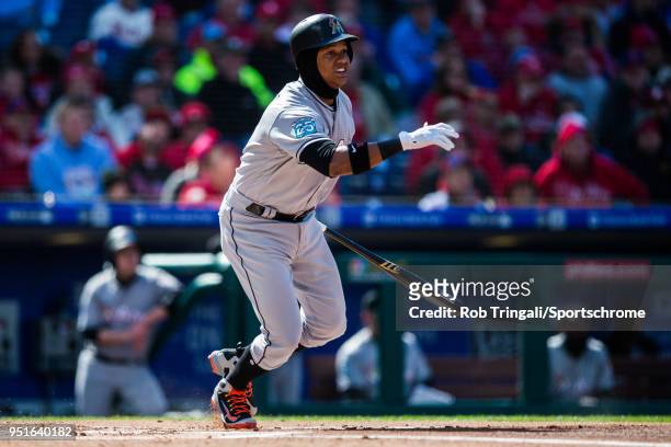 Starlin Castro of the Miami Marlins bats during the game against the Philadelphia Phillies at Citizens Bank Park on Thursday, April 5, 2018 in...
