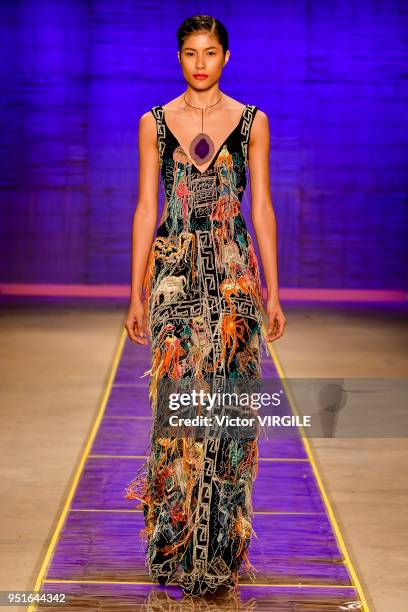 Model walks the runway at the Fabiana Milazzo Spring Summer 2019 fashion show during the SPFW N45 on April 24, 2018 in Sao Paulo, Brazil.