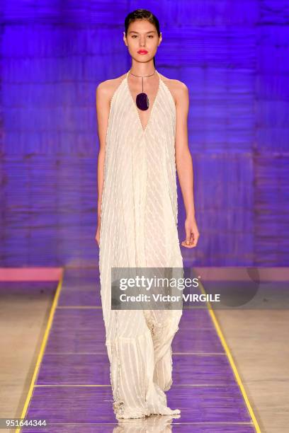 Model walks the runway at the Fabiana Milazzo Spring Summer 2019 fashion show during the SPFW N45 on April 24, 2018 in Sao Paulo, Brazil.