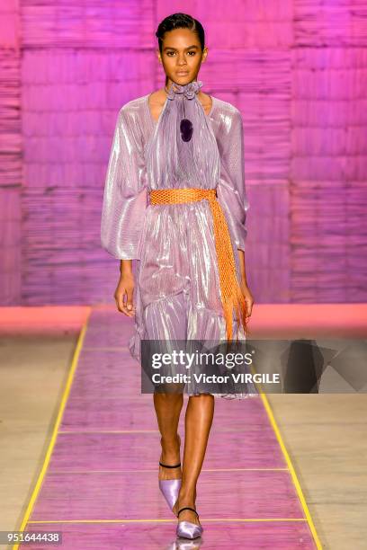 Model walks the runway at the Fabiana Milazzo Spring Summer 2019 fashion show during the SPFW N45 on April 24, 2018 in Sao Paulo, Brazil.