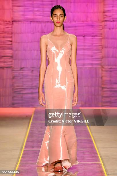 Model walks the runway at the Fabiana Milazzo Spring Summer 2019 fashion show during the SPFW N45 on April 24, 2018 in Sao Paulo, Brazil.