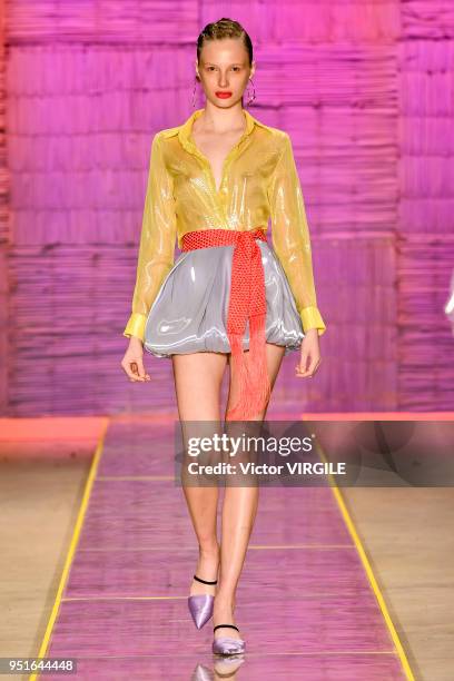 Model walks the runway at the Fabiana Milazzo Spring Summer 2019 fashion show during the SPFW N45 on April 24, 2018 in Sao Paulo, Brazil.