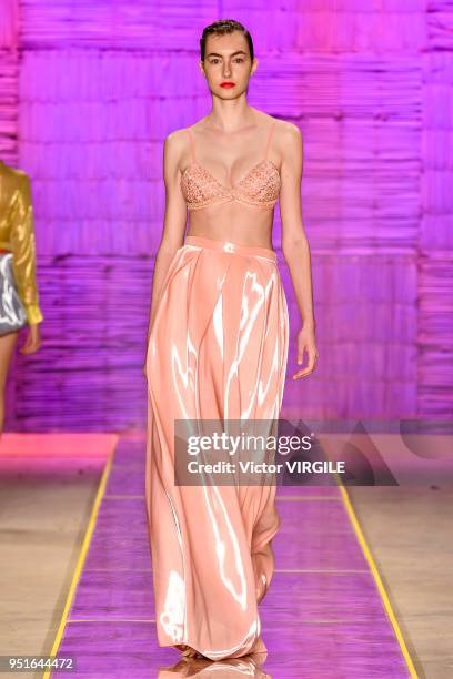 Model walks the runway at the Fabiana Milazzo Spring Summer 2019 fashion show during the SPFW N45 on April 24, 2018 in Sao Paulo, Brazil.