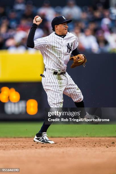 Ronald Torreyes of the New York Yankees fields his position during the game against the Tampa Bay Rays at Yankee Stadium on April 4, 2018 in the...