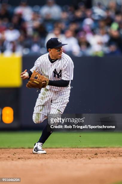 Ronald Torreyes of the New York Yankees fields his position during the game against the Tampa Bay Rays at Yankee Stadium on April 4, 2018 in the...