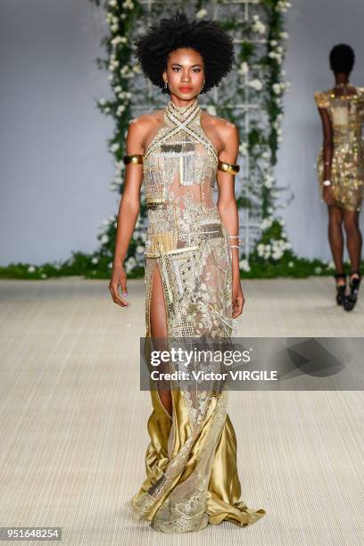 Model walks the runway at the Samuel Cirnansck Fall Winter 2018 fashion show during the SPFW N45 on April 23, 2018 in Sao Paulo, Brazil.