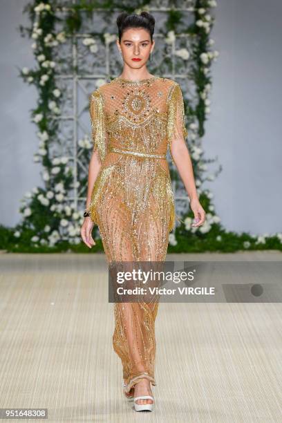 Model walks the runway at the Samuel Cirnansck Fall Winter 2018 fashion show during the SPFW N45 on April 23, 2018 in Sao Paulo, Brazil.