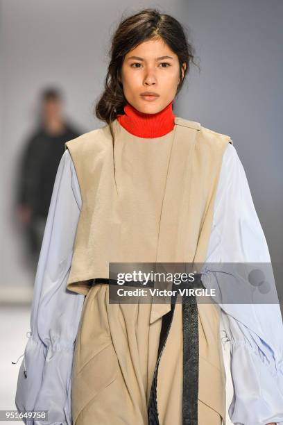 Model walks the runway at the Osklen Fall Winter 2018 fashion show during the SPFW N45 on April 23, 2018 in Sao Paulo, Brazil.