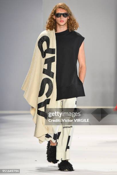 Model walks the runway at the Osklen Fall Winter 2018 fashion show during the SPFW N45 on April 23, 2018 in Sao Paulo, Brazil.