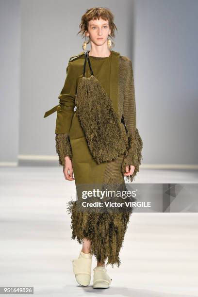 Model walks the runway at the Osklen Fall Winter 2018 fashion show during the SPFW N45 on April 23, 2018 in Sao Paulo, Brazil.