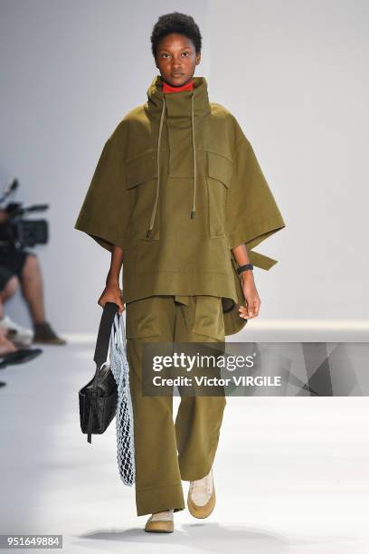 Model walks the runway at the Osklen Fall Winter 2018 fashion show during the SPFW N45 on April 23, 2018 in Sao Paulo, Brazil.