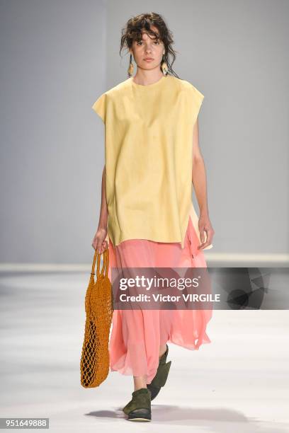 Model walks the runway at the Osklen Fall Winter 2018 fashion show during the SPFW N45 on April 23, 2018 in Sao Paulo, Brazil.