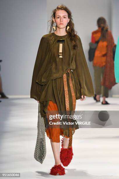 Model walks the runway at the Osklen Fall Winter 2018 fashion show during the SPFW N45 on April 23, 2018 in Sao Paulo, Brazil.