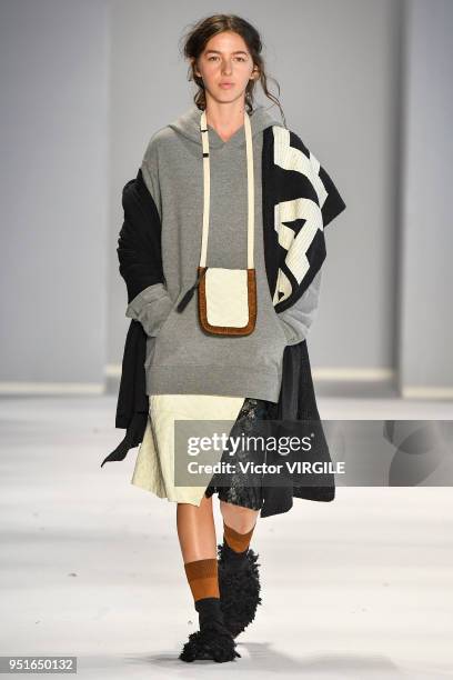 Model walks the runway at the Osklen Fall Winter 2018 fashion show during the SPFW N45 on April 23, 2018 in Sao Paulo, Brazil.