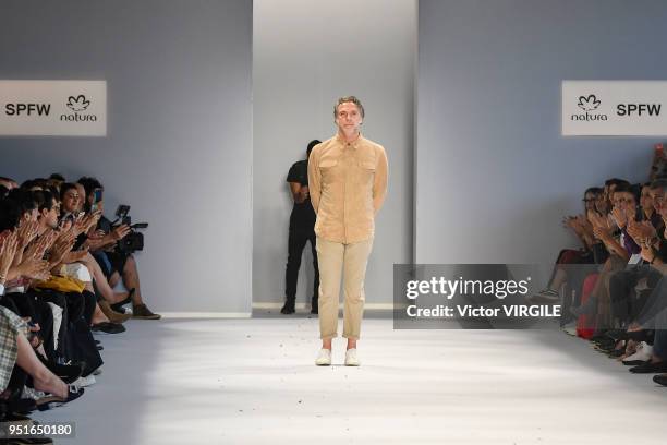 Designer Oskar Metsavaht walks the runway at the Osklen Fall Winter 2018 fashion show during the SPFW N45 on April 23, 2018 in Sao Paulo, Brazil.