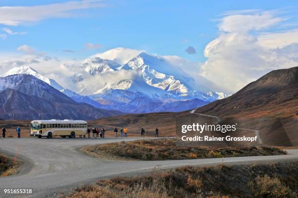 buses and tourists at viewpoint with mount denali in background - rainer grosskopf photos et images de collection