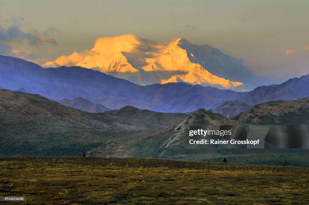 Distant view of the majestic Mount Denali at sunrise