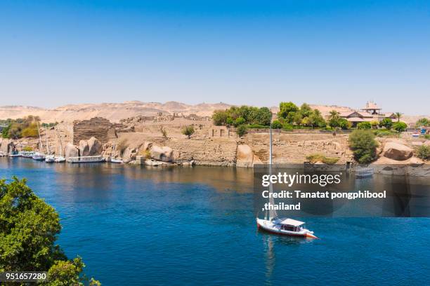felucca boat on river nile at aswan, egypt - ナイル川 ストックフォトと画像