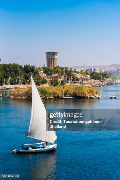 felucca boat on river nile at aswan, egypt - felucca boat imagens e fotografias de stock