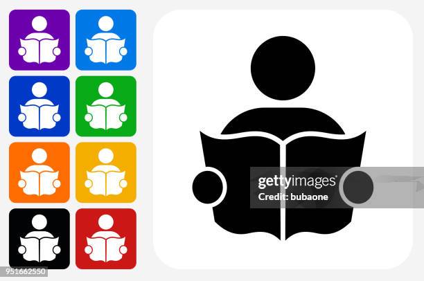 ilustrações de stock, clip art, desenhos animados e ícones de person reading icon square button set - leitura