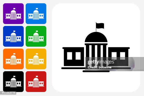 school building icon square button set - high school building exterior stock illustrations