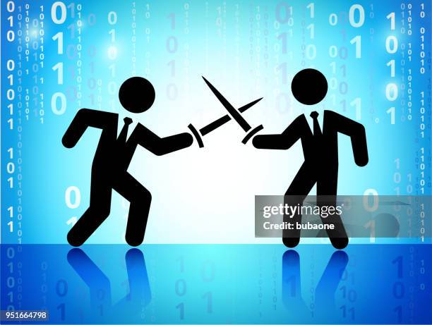 businessmen fighting on on binary code blue background - battle plan stock illustrations