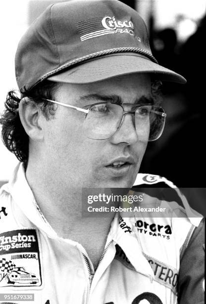 Driver Brett Bodine talks with reporters after the running of the 1983 Daytona 500 stock car race at Daytona International Speedway in Daytona Beach,...