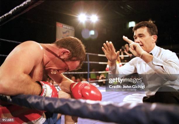 Barry Jones is counted out during the Super Feather Weight bout against Acelino Freitas at the Doncaster Dome in Doncaster, England. \ Mandatory...